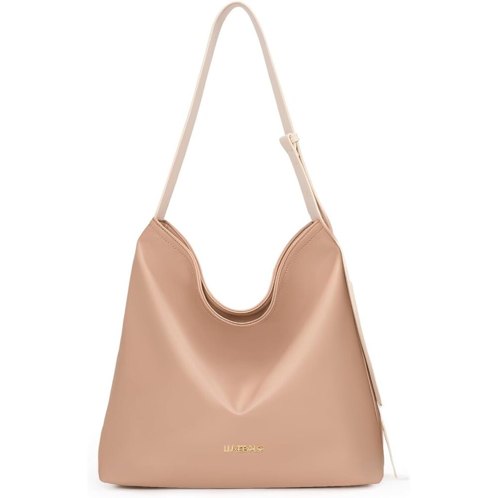 Women's Cream Tote Hobo Vegan Leather Shoulder Strap Zippered Pocket Bag